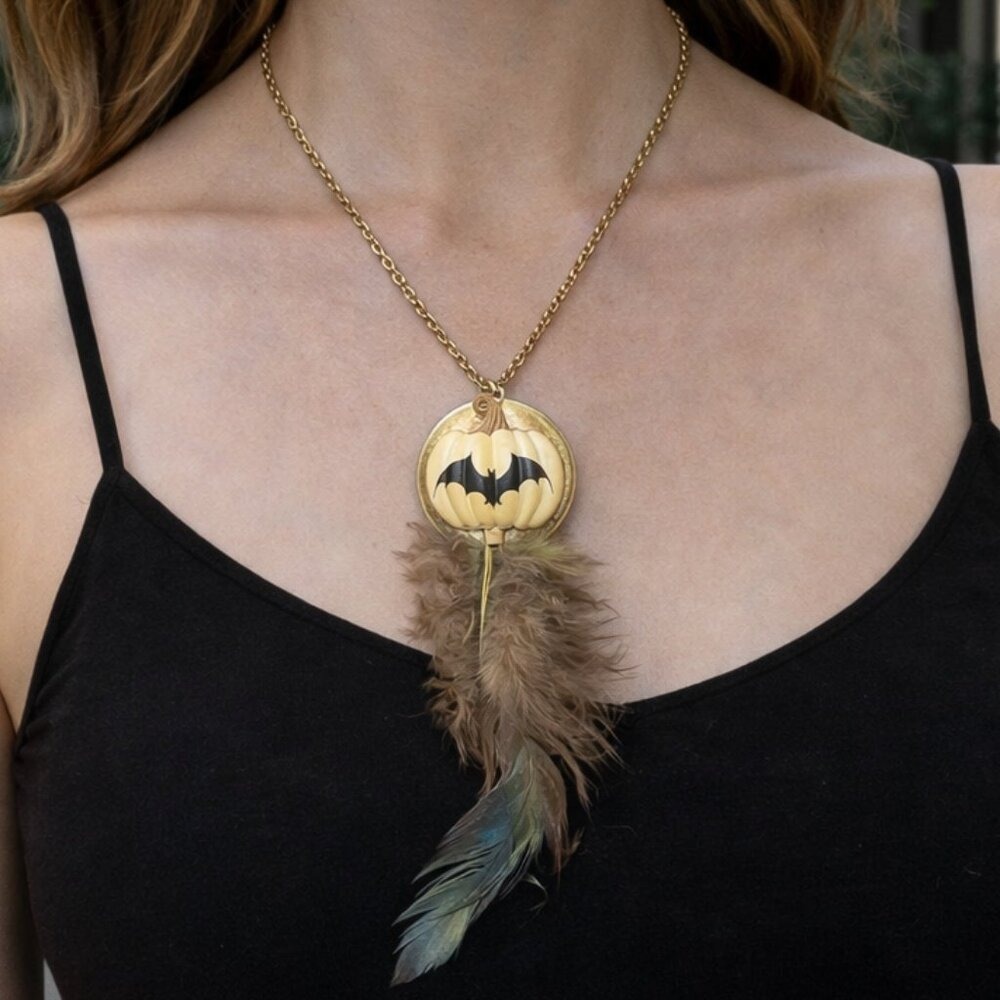 Unique Halloween Pumpkin Bat Feather Locket Necklace Charm Pendant Jewelry